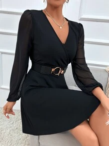 Surplice Neck Contrast Mesh Dress Without Belt - Black - View 3