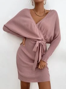 蝙蝠袖交叉領後綁帶腰帶毛衣裙