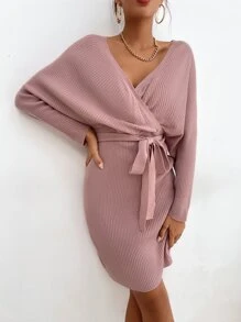 蝙蝠袖交叉領後綁帶腰帶毛衣裙