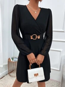 Surplice Neck Contrast Mesh Dress Without Belt - Black - View 4