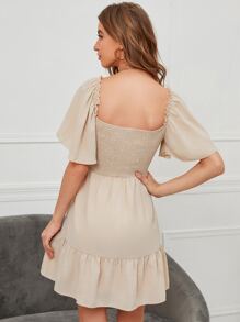 Vestido fruncido de cuello cuadrado de manga mariposa bajo con fruncido - Albaricoque - Ver 2