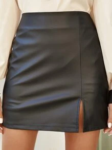 SHEIN Frenchy 高腰PU皮革開衩半身裙 - 黑色 - 查看 3