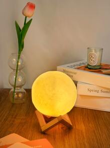 1 pieza luz de decoración de diseño de luna con Base de madera, luz de noche de luna creativa de plástico para decoración del hogar - Amarillo - Ver 4