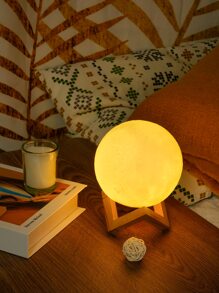 1 pieza luz de decoración de diseño de luna con Base de madera, luz de noche de luna creativa de plástico para decoración del hogar - Amarillo - Ver 3