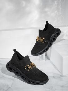 Chain Decor Knit Detail Running Shoes - Black - View 11