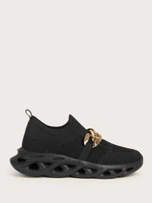 Chain Decor Knit Detail Running Shoes - Black - View 3