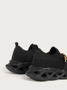 Chain Decor Knit Detail Running Shoes - Black - View 5
