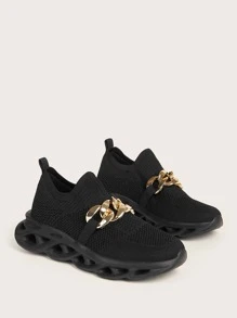 Chain Decor Knit Detail Running Shoes - Black - View 6