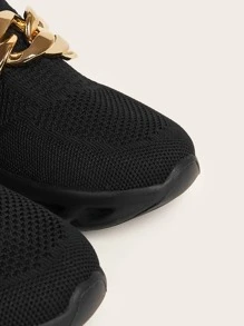 Chain Decor Knit Detail Running Shoes - Black - View 4