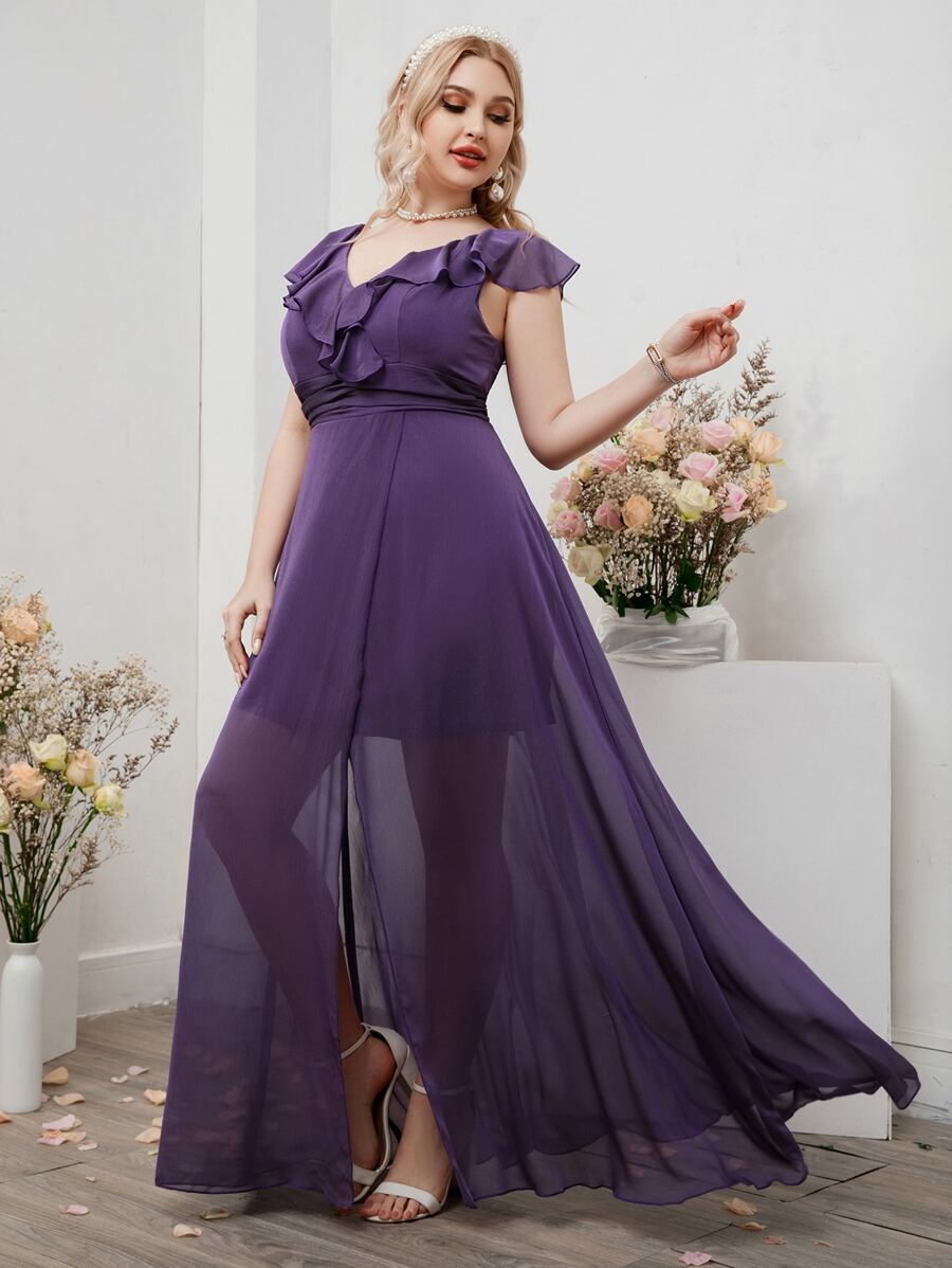 SHEIN Belle Plus Ruffle Trim Wrap Hem Chiffon Maxi Bridesmaid Dress - Purple - View 1