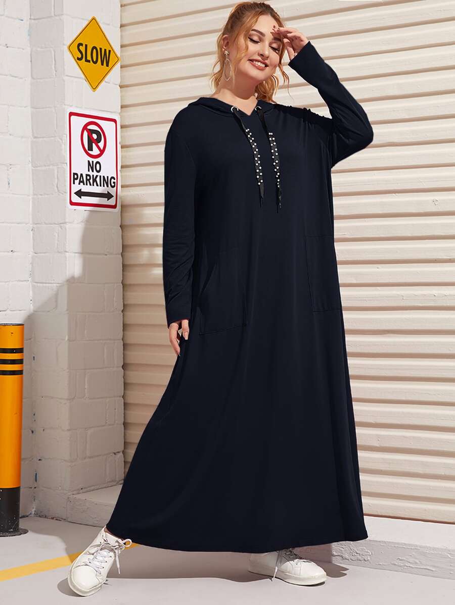Mulvari Plus Pearl Beaded Drawstring Detail Hooded Dress - Navy Blue - View 1