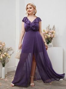 SHEIN Belle Plus Ruffle Trim Wrap Hem Chiffon Maxi Bridesmaid Dress - Purple - View 3