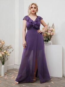 SHEIN Belle Plus Ruffle Trim Wrap Hem Chiffon Maxi Bridesmaid Dress - Purple - View 4