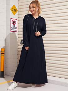 Mulvari Plus Pearl Beaded Drawstring Detail Hooded Dress - Navy Blue - View 3