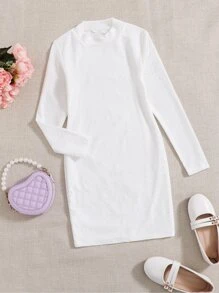 SHEIN Girls Mock Neck Fitted Dress - White - View 1