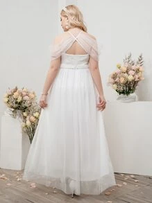 SHEIN Belle Vestido de novia con encaje en contraste de hombros descubiertos de malla - Blanco - Ver 2