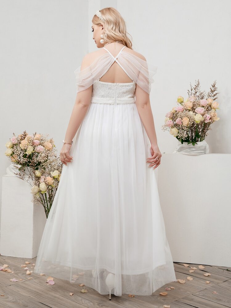 SHEIN Belle Vestido de novia con encaje en contraste de hombros descubiertos de malla - Blanco - Añade 2