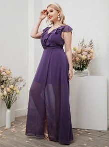 SHEIN Belle Plus Ruffle Trim Wrap Hem Chiffon Maxi Bridesmaid Dress - Purple - View 5