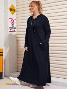 Mulvari Plus Pearl Beaded Drawstring Detail Hooded Dress - Navy Blue - View 4