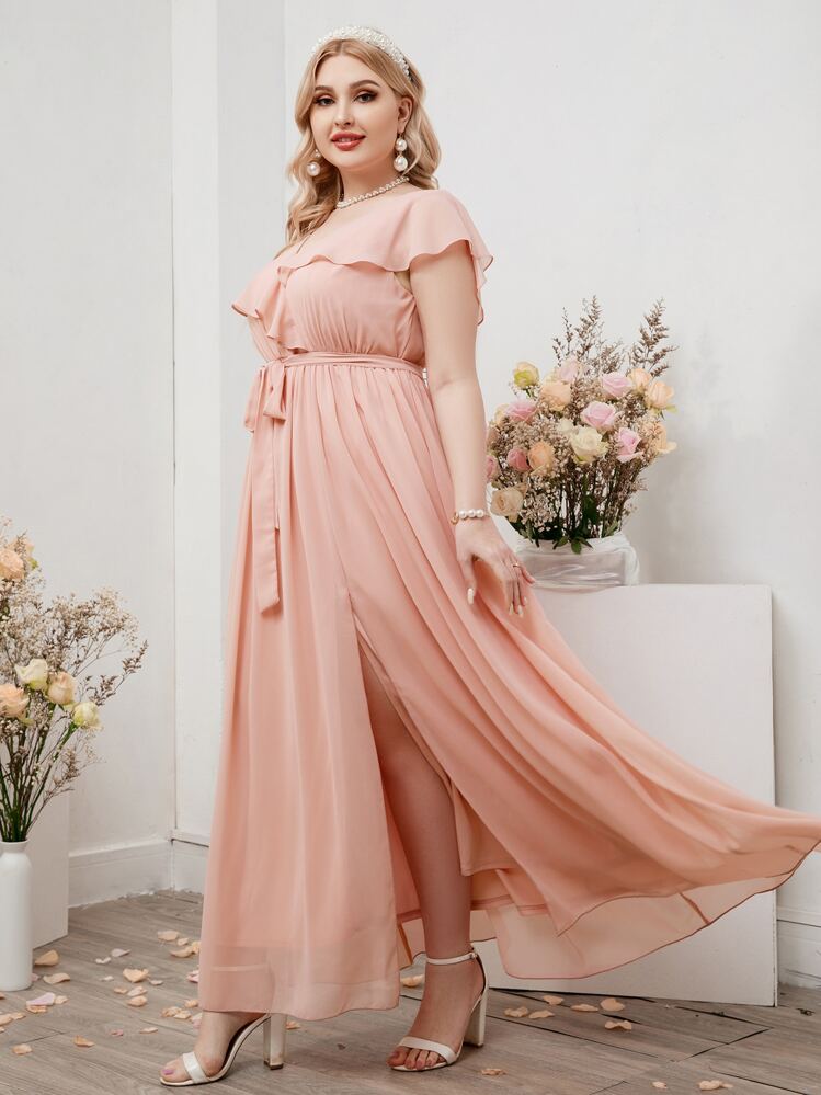 SHEIN Belle Váy phù dâu Plus Thắt lưng Xù Trọn gói Tách cao màu trơn Hấp dẫn - Màu Hồng  San hô - Xem 1