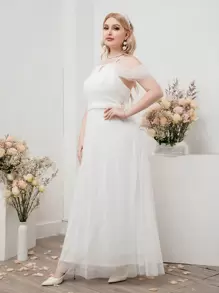 SHEIN Belle Vestido de novia con encaje en contraste de hombros descubiertos de malla - Blanco - Ver 3