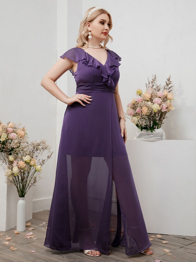 SHEIN Belle Plus Ruffle Trim Wrap Hem Chiffon Maxi Bridesmaid Dress - Purple - View 6