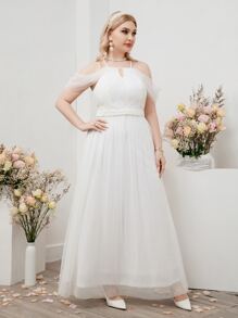 SHEIN Belle Vestido de novia con encaje en contraste de hombros descubiertos de malla - Blanco - Ver 4
