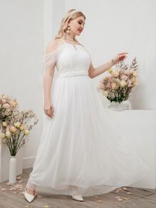 SHEIN Belle Vestido de novia con encaje en contraste de hombros descubiertos de malla - Blanco - Ver 6