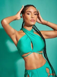 SHEIN 交叉前挖空後背繫帶掛脖上衣 - 綠色 - 查看 1