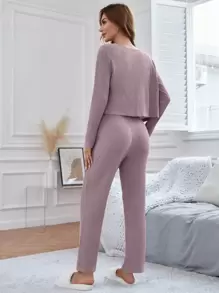 Button Front Top & Cami Top & Trousers Lounge Set - Dusty Purple - View 2