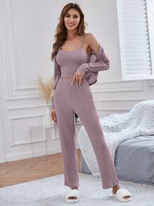 Button Front Top & Cami Top & Trousers Lounge Set - Dusty Purple - View 4