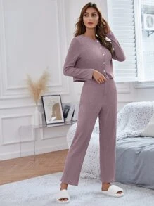 Button Front Top & Cami Top & Trousers Lounge Set - Dusty Purple - View 5