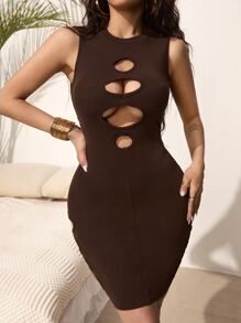 SHEIN SXY 前挖空緊身連衣裙 - 巧克力棕 - 查看 3