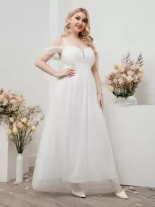 SHEIN Belle Plus Cold Shoulder Plant Embroidery Mesh Wedding Dress - White - View 1