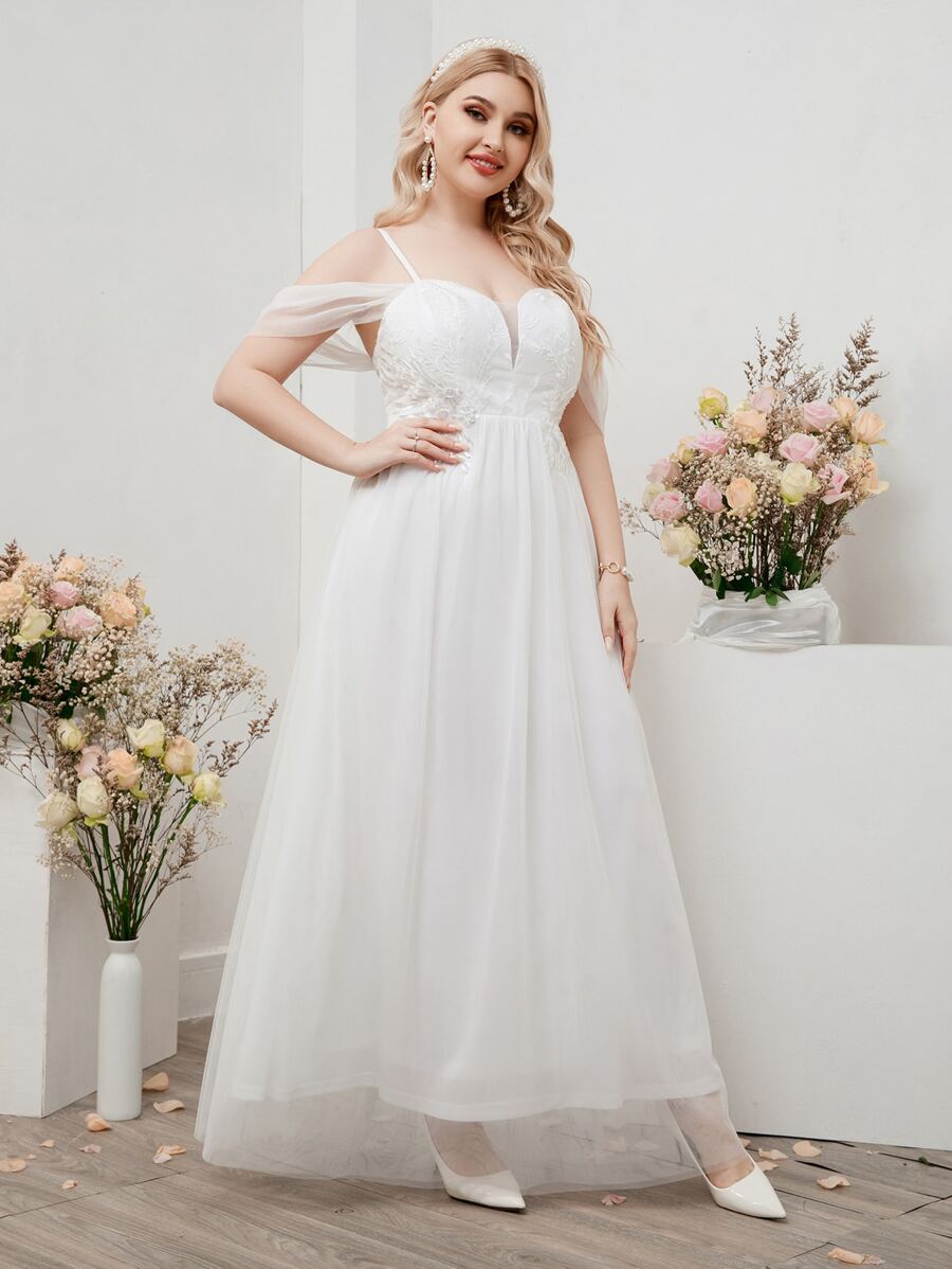 SHEIN Belle Plus Cold Shoulder Plant Embroidery Mesh Wedding Dress - White - View 1