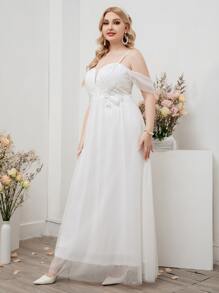 SHEIN Belle Plus Cold Shoulder Plant Embroidery Mesh Wedding Dress - White - View 4