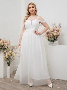 SHEIN Belle Plus Cold Shoulder Plant Embroidery Mesh Wedding Dress - White - View 5