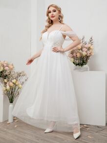SHEIN Belle Plus Cold Shoulder Plant Embroidery Mesh Wedding Dress - White - View 6