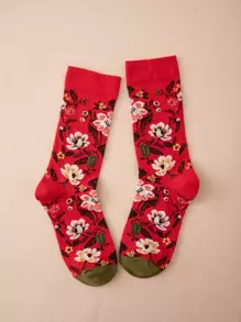 花朵印花中筒襪 - 彩色 - 查看 1