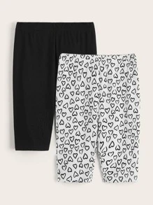 SHEIN Toddler Girls 2PCS Heart Print Rib-knit Cycling Shorts - Black and White - View 1