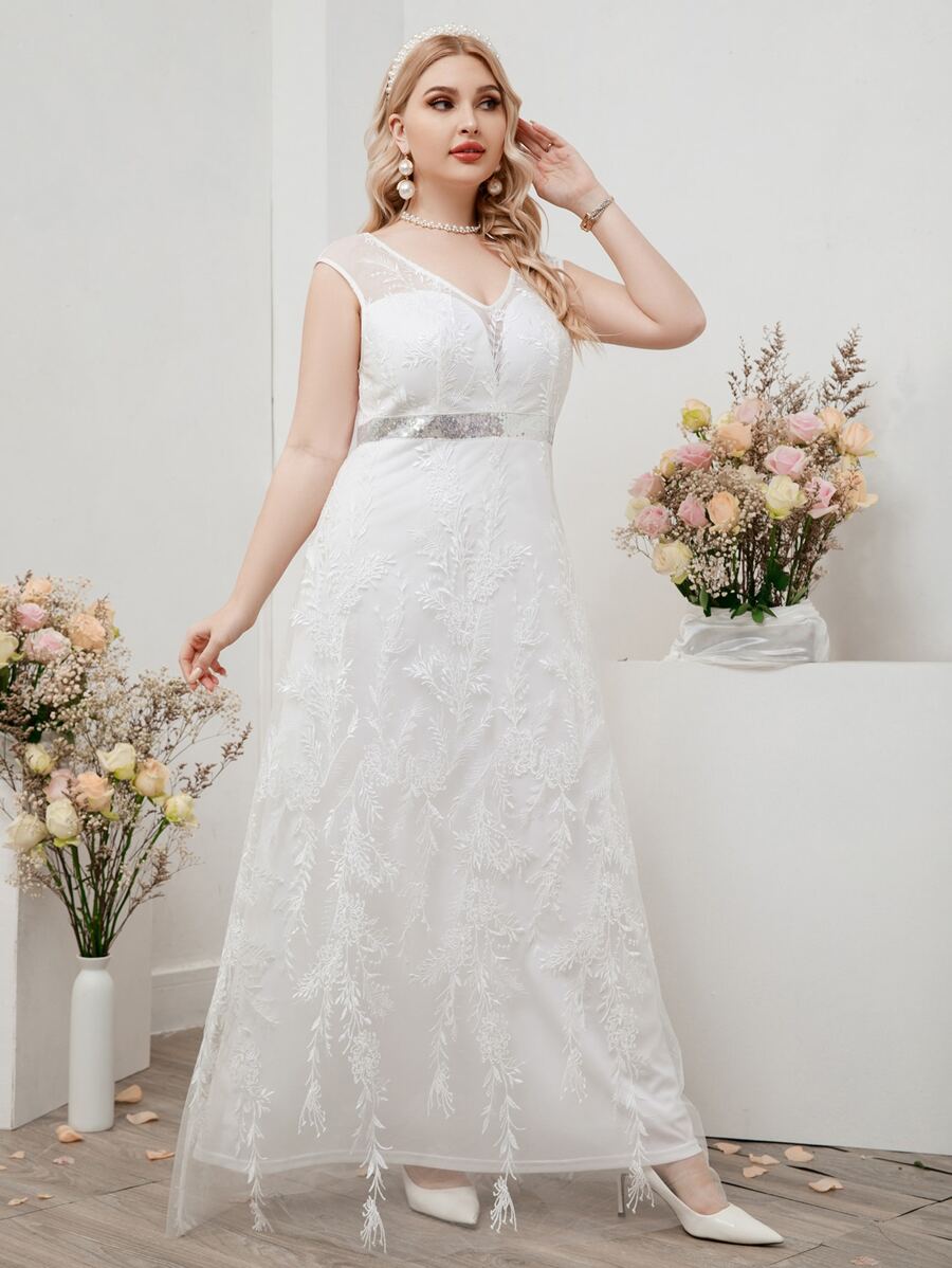 SHEIN Belle Plus Sequin Decor Plants Embroidery Lace Wedding Dress - White - View 1