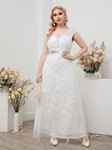 SHEIN Belle Plus Sequin Decor Plants Embroidery Lace Wedding Dress - White - View 5