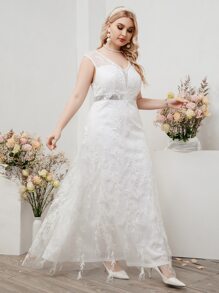 SHEIN Belle Plus Sequin Decor Plants Embroidery Lace Wedding Dress - White - View 6