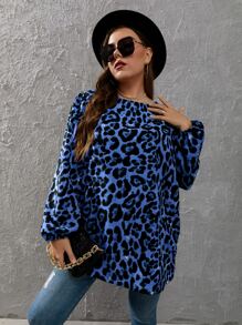 Mulvari Plus Leopard Print Lantern Sleeve Blouse - Blue - View 1