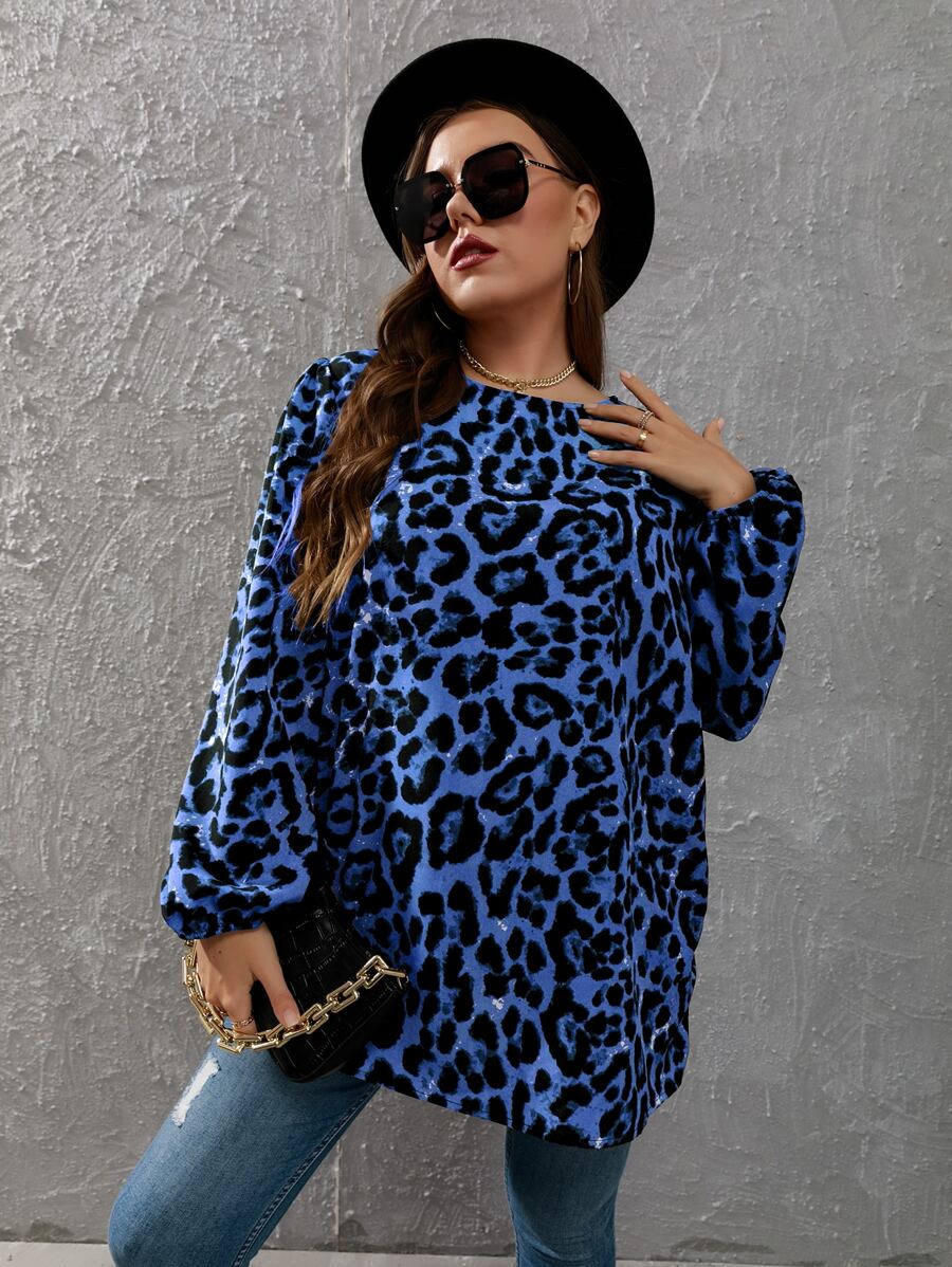 Mulvari Plus Leopard Print Lantern Sleeve Blouse - Blue - View 1