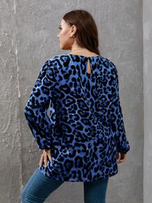 Mulvari Plus Leopard Print Lantern Sleeve Blouse - Blue - View 2