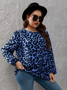 Mulvari Plus Leopard Print Lantern Sleeve Blouse - Blue - View 3