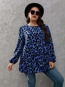 Mulvari Plus Leopard Print Lantern Sleeve Blouse - Blue - View 4
