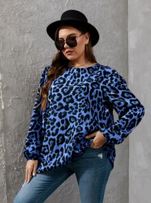 Mulvari Plus Leopard Print Lantern Sleeve Blouse - Blue - View 5