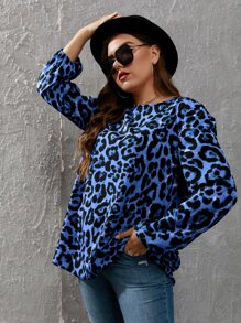 Mulvari Plus Leopard Print Lantern Sleeve Blouse - Blue - View 6